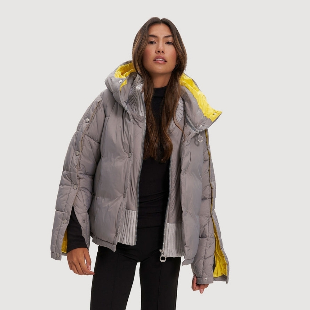 Noize Amelia Cropped Warm Puffer Jacket Coat Gray Yellow Sz XS NEW Detach Hood